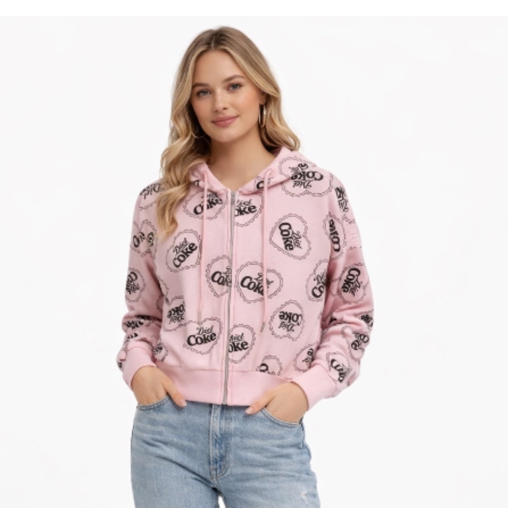 COCA COLA Diet Coke Pink Waffle Knit Full Zip Hoodie Size Small